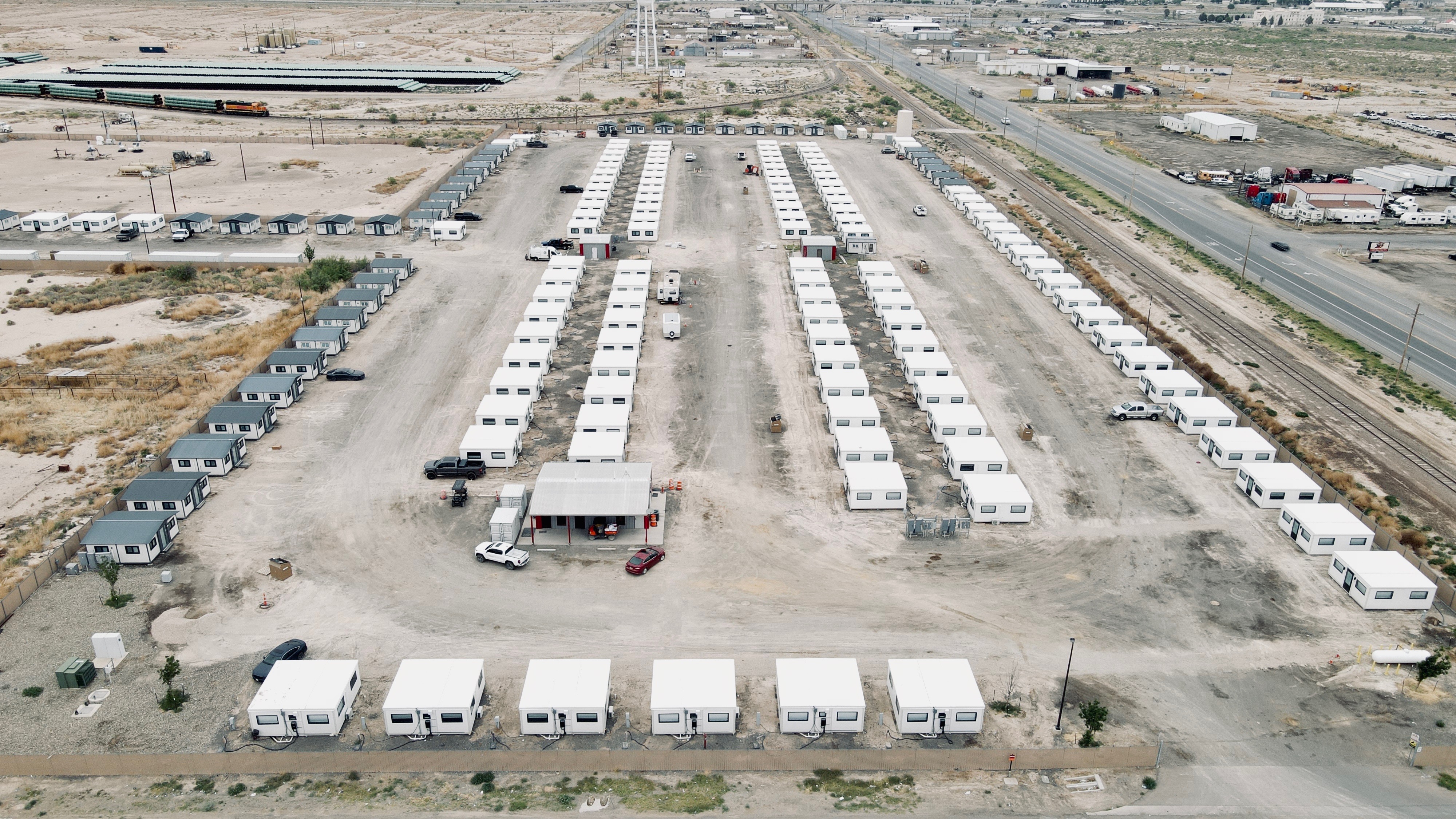 Aerial view of the BoxVillages Pecos community in Pecos, Texas